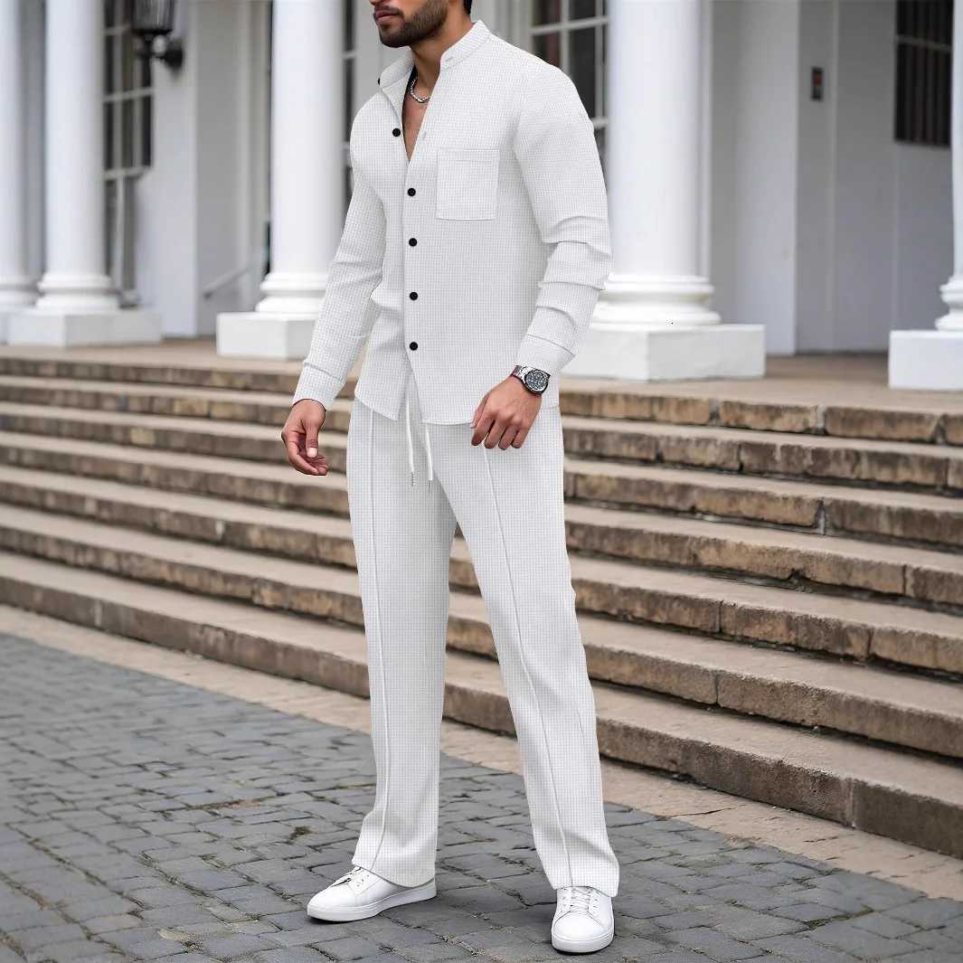 Men's Men's Tracksuits Spring/Autumn Street Sporty Casual Solid Color Set - Henry Collar Buttoned Pockets Shirt + Drawstring Pants Fashion