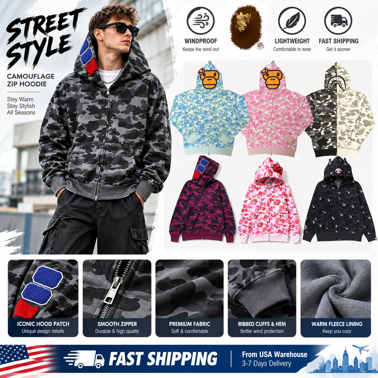 Bahoodie Shark Hoodies Mens Designer Hoodies Baphoodie Jacket Full Zip Up Cartoon Jackets Men Women Hoodie High Quality Hip Hop Y2k Camouflage Patte