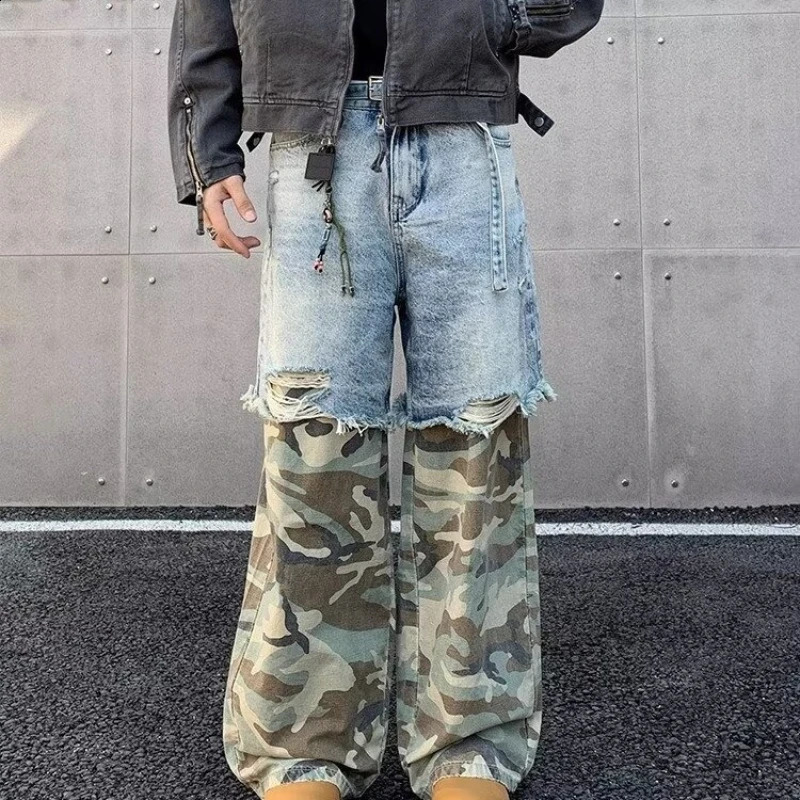Street Patchwork Ripped Camouflage Jeans Baggy Two-piece Washed Denim Trousers Vintage Y2K Camo Cargo Straight Jean Man 260921