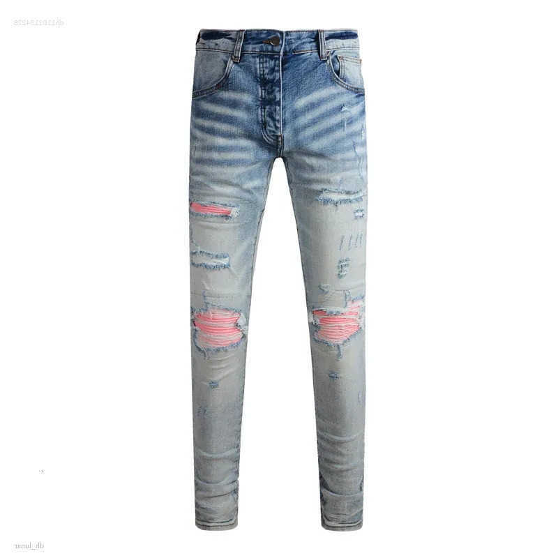 Men Men's Retro Light Blue Patched Stretch Skinny Fit Ripped Y2K Denim Pants S260922W7BH