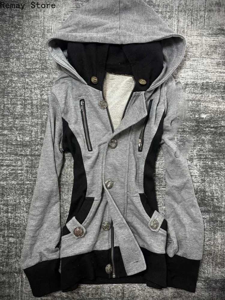 Women's Jackets Autumn Winter High Street Women Coat Vintage Niche Retro Button Zipper Design Hooded Pullover Jacket Subculture Y2k Sweatershir