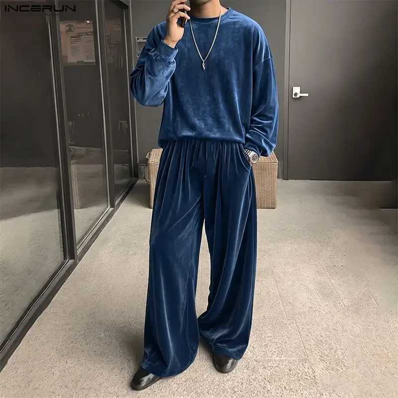 Sets Men's Men's Tracksuits Solid Velour Shiny Long SLeeve T Shirt Pants Two Piece Sets Streetwear Loose 2026 Fashion Men Matching Sets J2