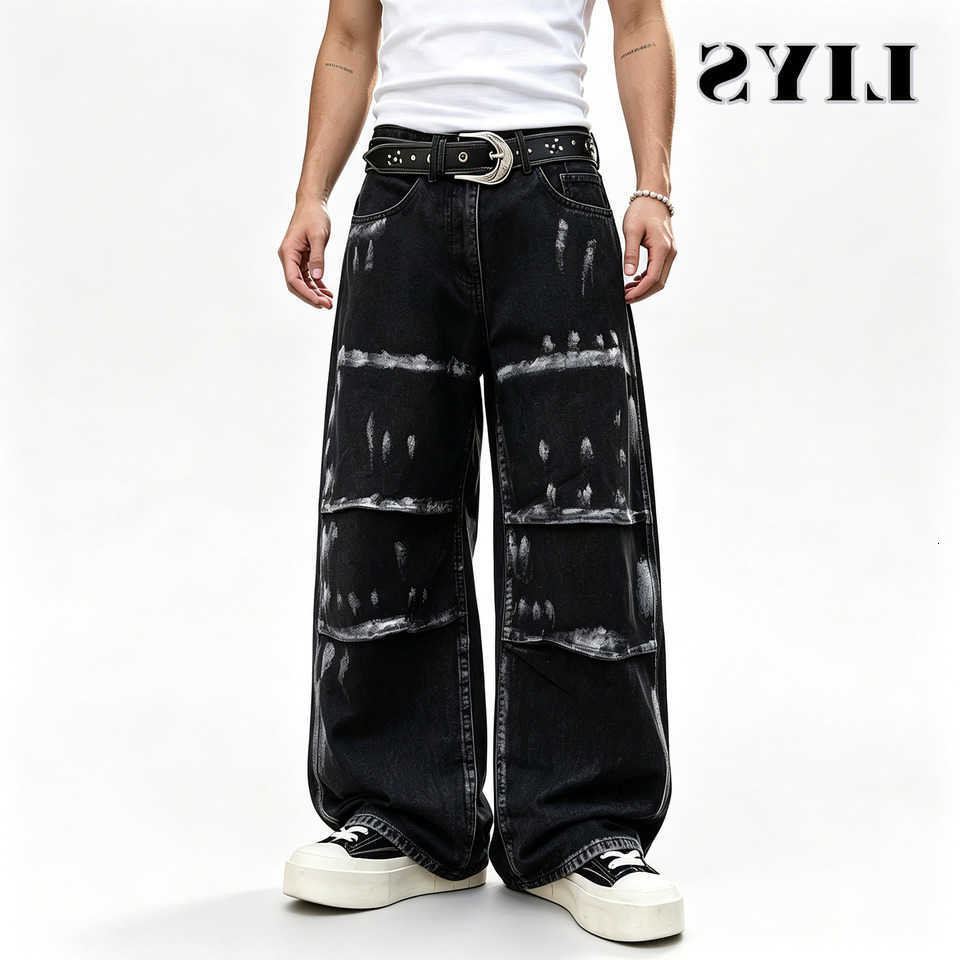 Jeans Men's Men's Baggy Jeans Black Paint Splatter Patchwork Wide Leg Denim Pants Streetwear Y2K Hip Hop Distressed Loose Trousers Vintage