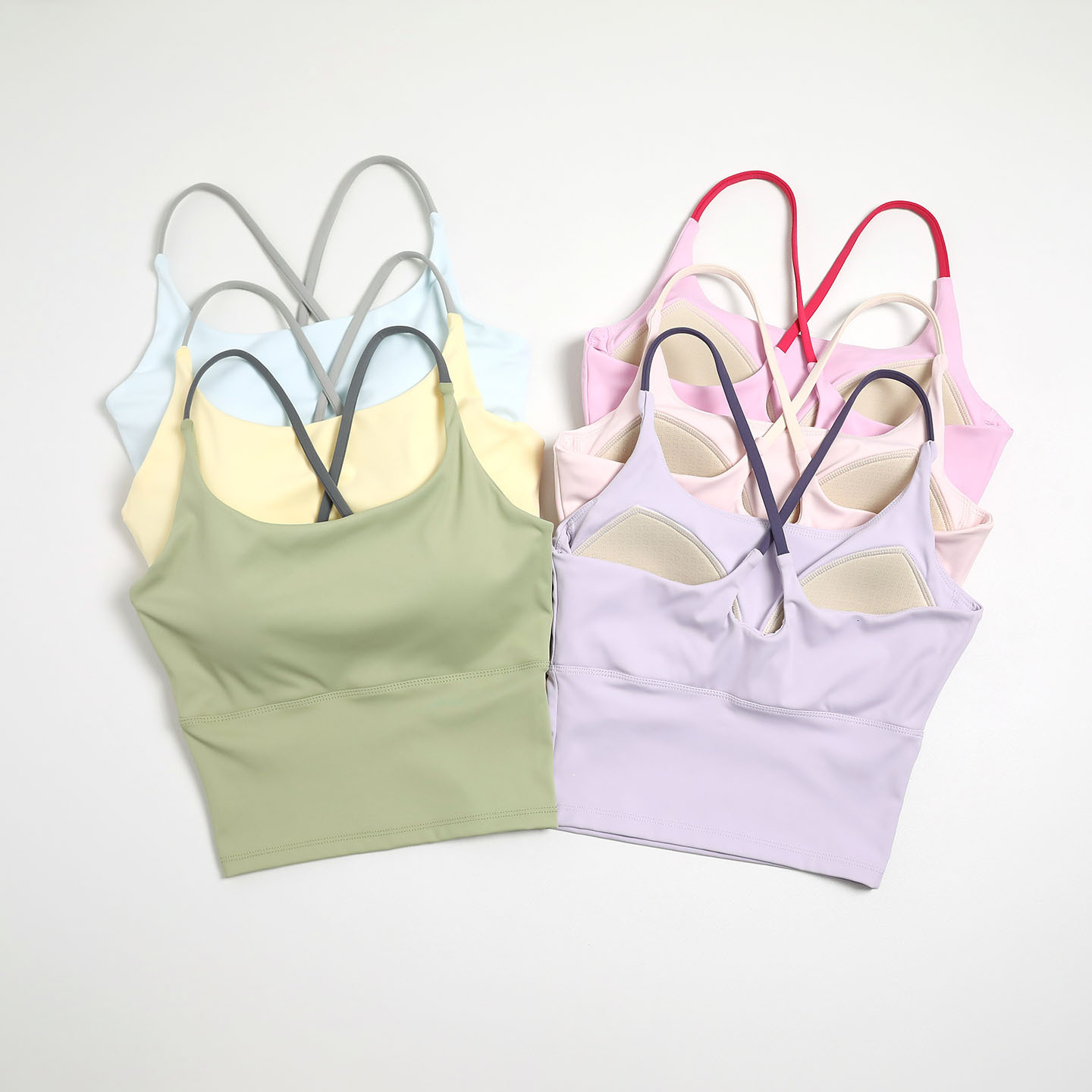 Women Cross Back Thin Strap Sports Bra Built-in Chest Pads Slim Crop Camisole Breathable Yoga Running Fitness Workout Tank Top J260922