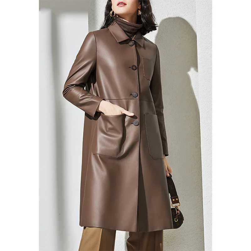 Size Women's Large Leather Trench Coat OL Lapel Genuine Leather Long Jacket Lace up Sheepskin Style for Casual And Formal Wear C260921