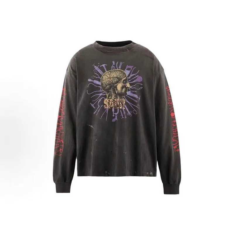 Men's Hoodies Sweatshirts New Printing SAINT Long Sleeve T Shirt Men Woman Crewneck Damaged Vintage High Street Washed Do Old Oversized Top Tee