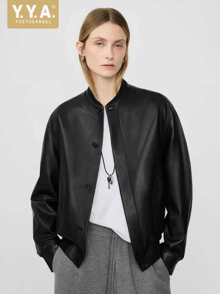 Women Designer New Sheepskin Genuine Leather Spliced Jacket Slim Fit Single Breasted O Neck Fashion Ladies Streetwear Short Coat C260921