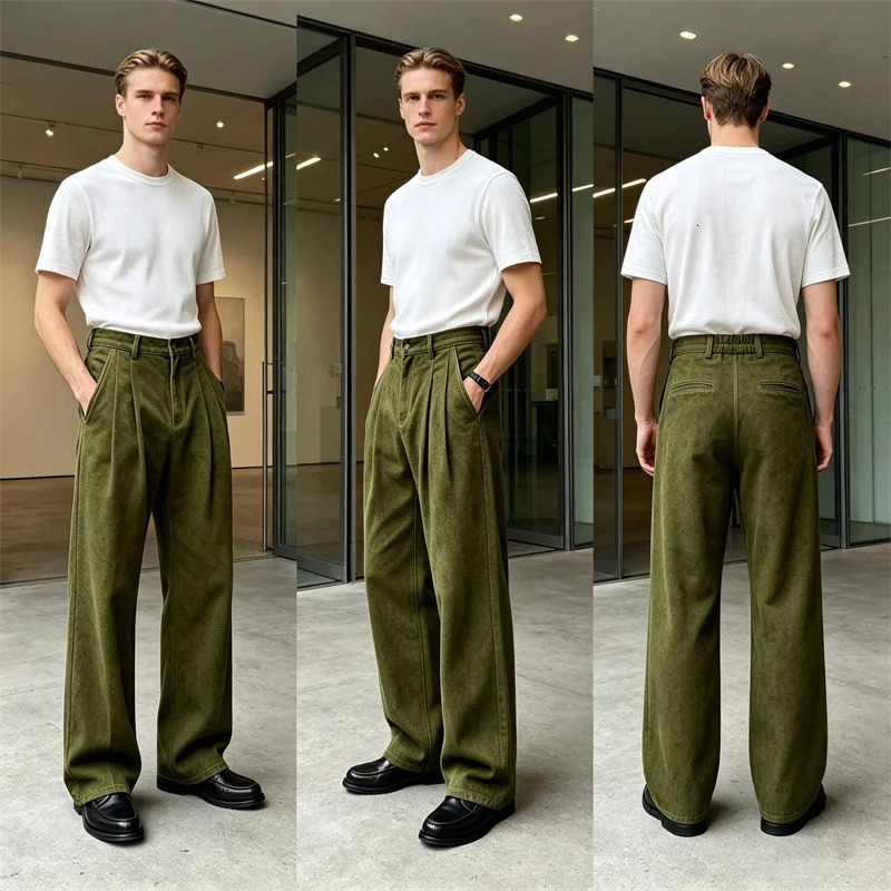 Pantaloni da uomo a vita alta pieghettati a gamba larga Pantaloni dritti larghi casual in pelle scamosciata sintetica per abbigliamento quotidiano d