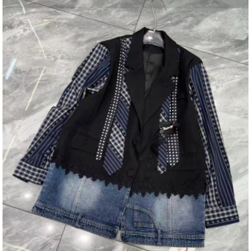 SuperAen Splicing Plaid Denim Blazer Women's Heavy Industry Belt n Loose Two Pieces Casual Jacket Top 260921