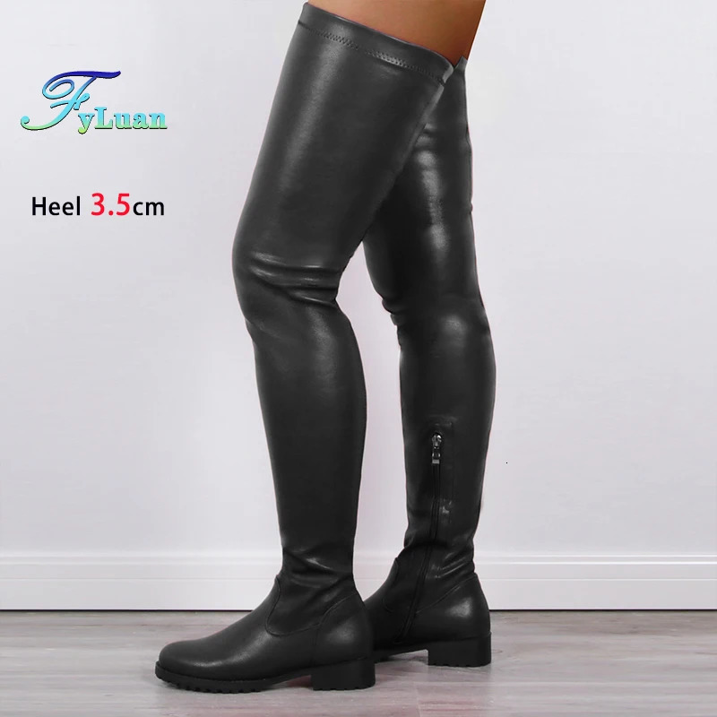 Pierna delgada sobre la rodilla 3,5 CM Tacón grueso Botas de mujer Botas altas hasta el muslo de cuero elástico Club nocturno Club Zapatos largos se
