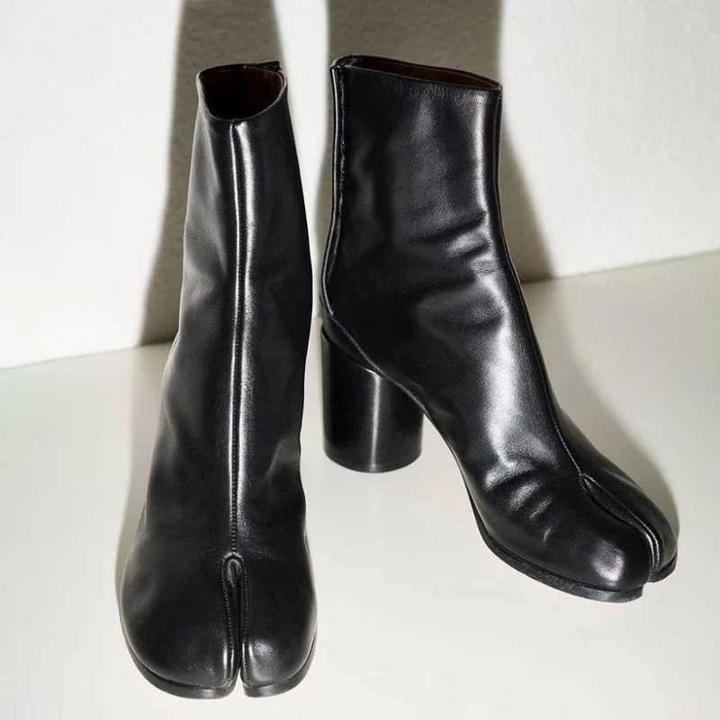 Luxury Brand Designer Tabi Split-toe Ankle Boots Women Genuine Leather Chunky Round Heel Short Boots 2024 Autumn Winter Shoes Q260922