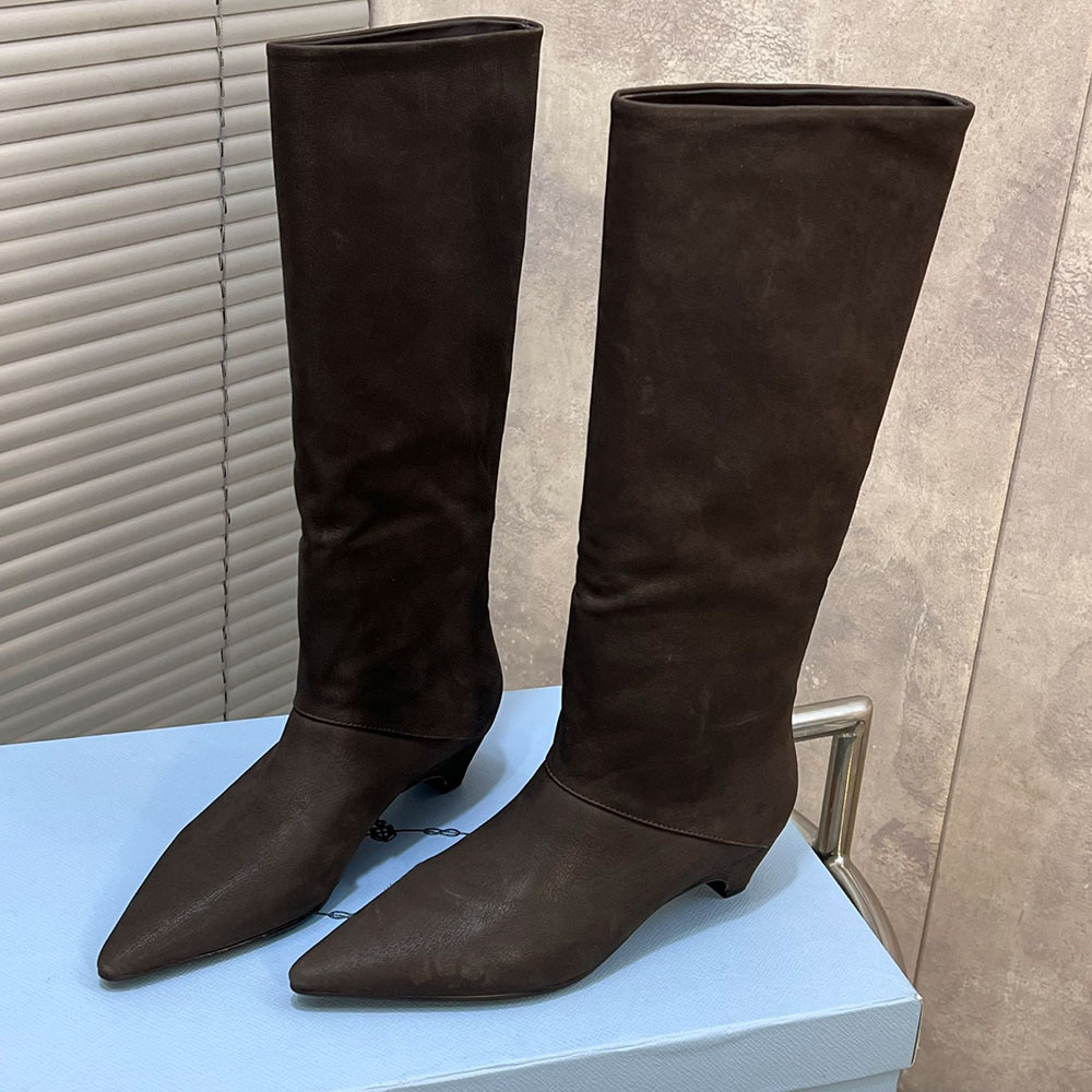 Womens Designer Leather Boots Luxury Knee High Boot Side With Logo Casual Knee Boot Pointed Toes Fashion Brand Autumn Winter Boots Height 4cm Leathe