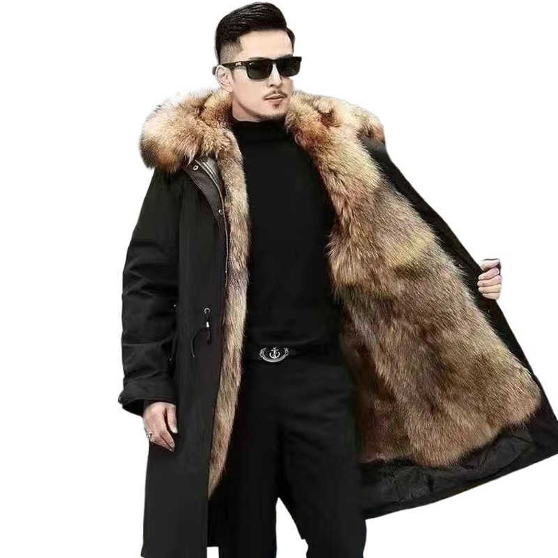 Fashion Men's Men's Down Parkas Exra Long Parkas Faux Fur Lined Thick Warm Overcoat Long Fur Coat With Fur Hood Winter Thermal Outerwear C