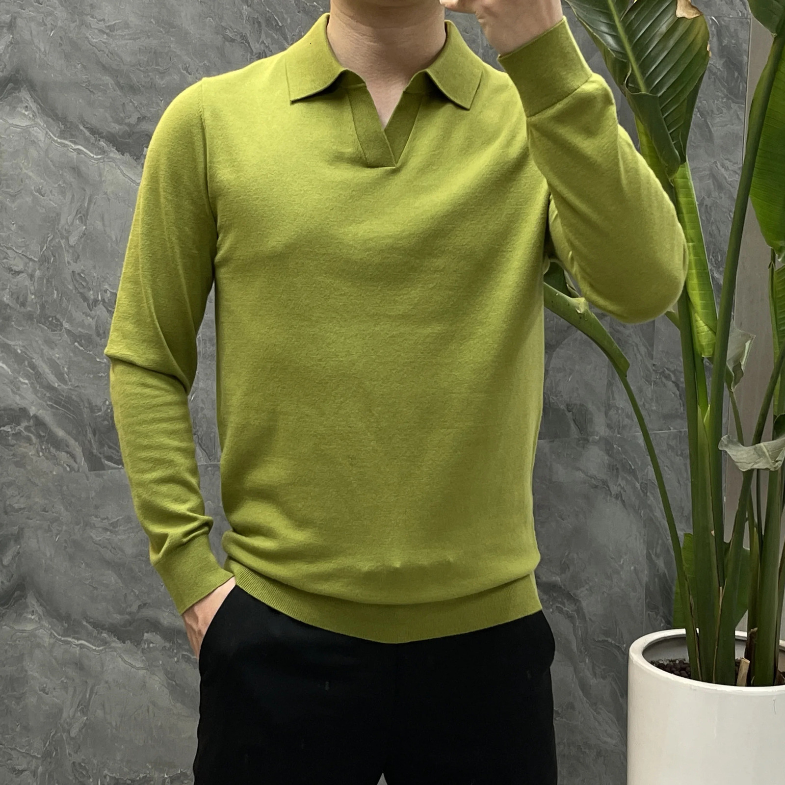 Mens Autumn Winter Blouse Collar Knitted Pullover Business Casual SlimFitting Wool Textile Sweater Gentleman Polo Shirt 260922
