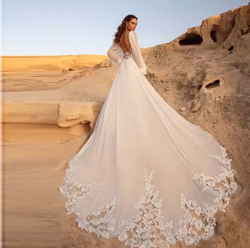 Sexy A-line Chiffon Beach Bride Dresses Full Sleeves V-neck Lace Appliques Wedding Dress Bridal Gowns Vestido De Novia Robe De Mariage