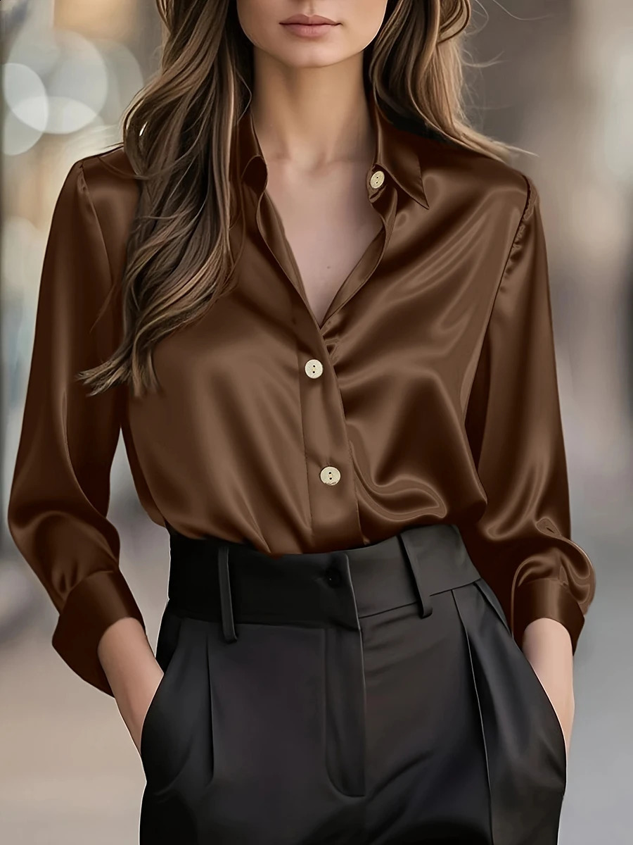Brown Women Satin Blouse Long Sleeve Button Up Shirt Elegant Office Lady Vintage Top Autumn Casual Solid Workwear Female Blusas 260918