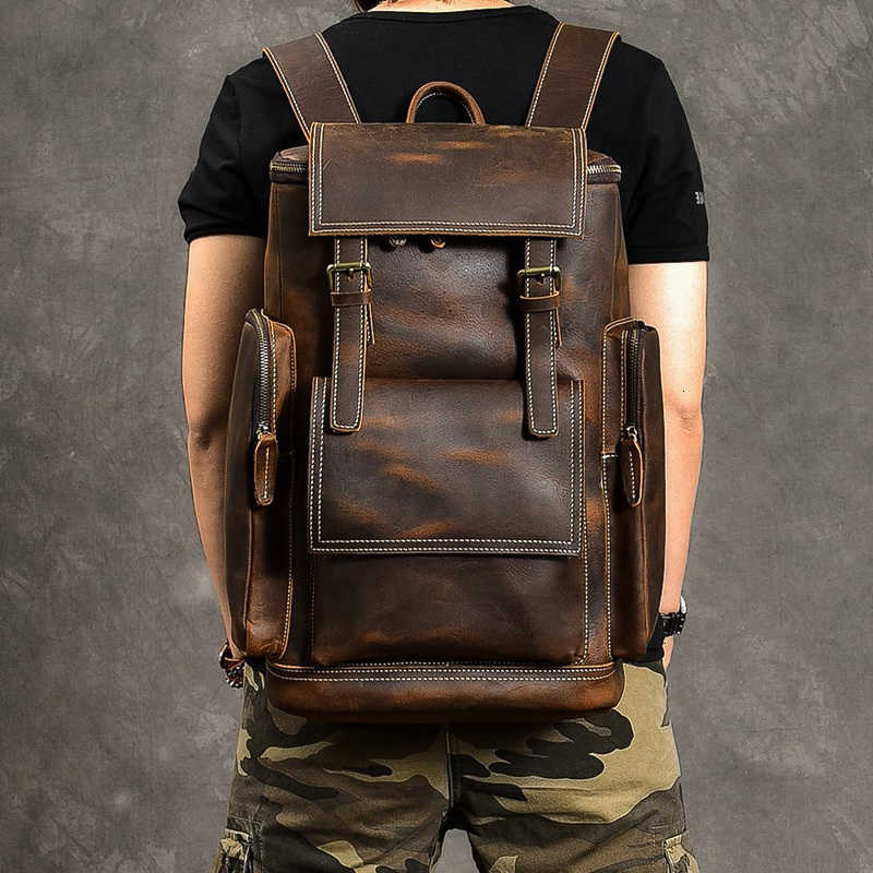 Style Vintage Crazy Horse Backpack Genuine Leather Backpack Men Leather Bagpack Climbing Rucksack Male Large Hiking Backpack M814 H260922