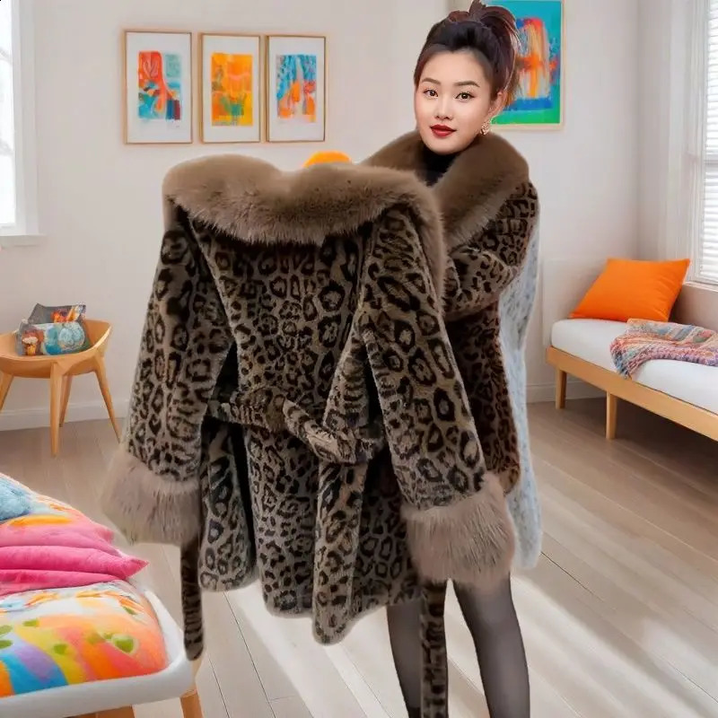 Women Autumn Winter Leopard Print Temperament Fur Coat MediumLong High End Collar With Belt Jacket Overcoat 260922