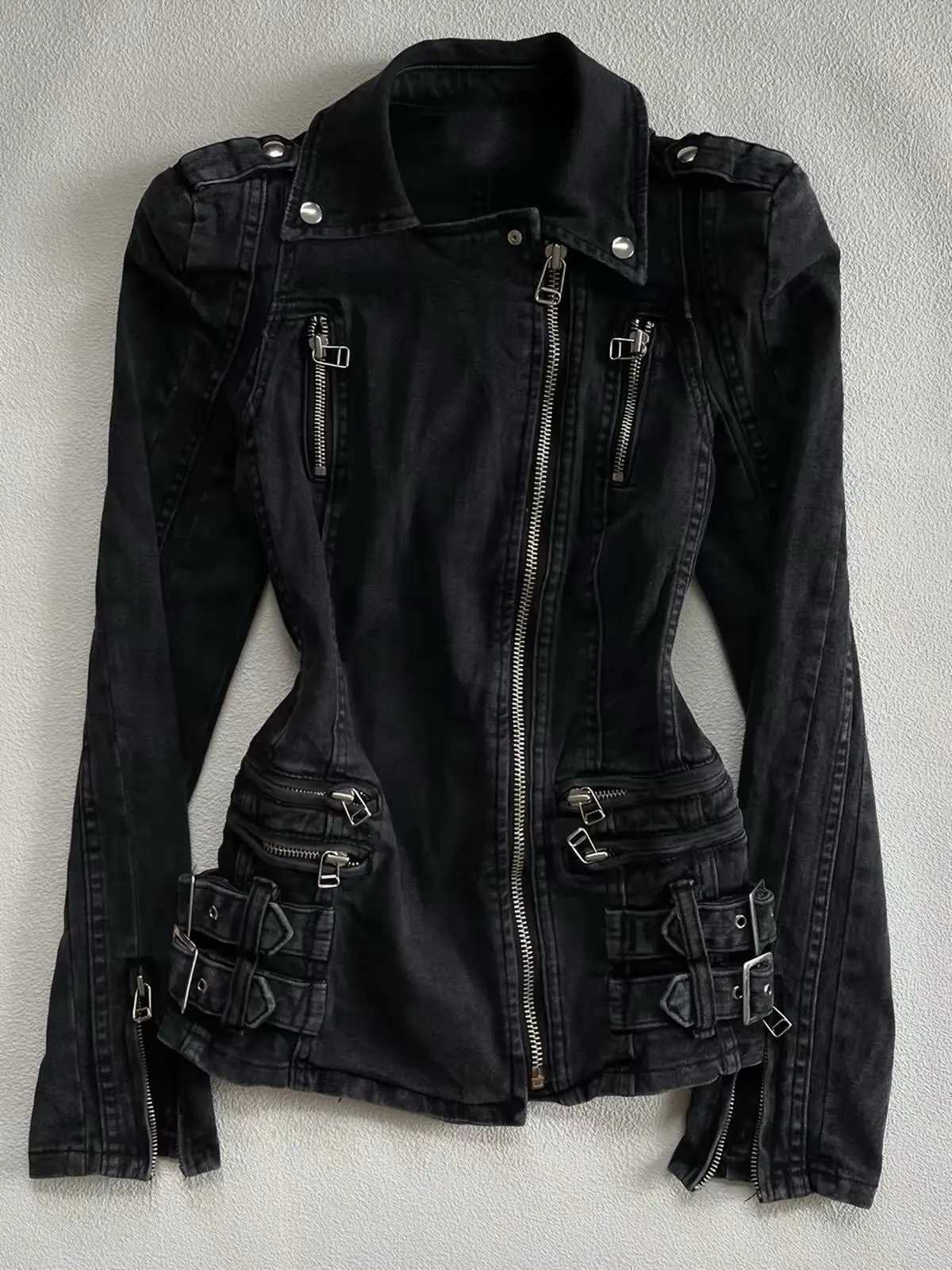 Women's Jackets New Black Denim Biker Jacket Women Slim Fit Metal Zippers Buckle Decor Lapel Collar Long Sleeve Punk Gothic Retro Outerwear Coa
