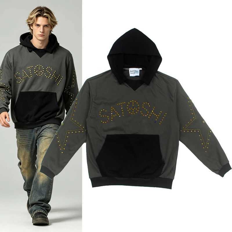 Men's Hoodies Sweatshirts 26AW SATOSHI NAKAMOTO Bolt Color Contrast Rhinestone Classic Letter Print Hooded Sweatshirt Cotton Men Women Hoodie P