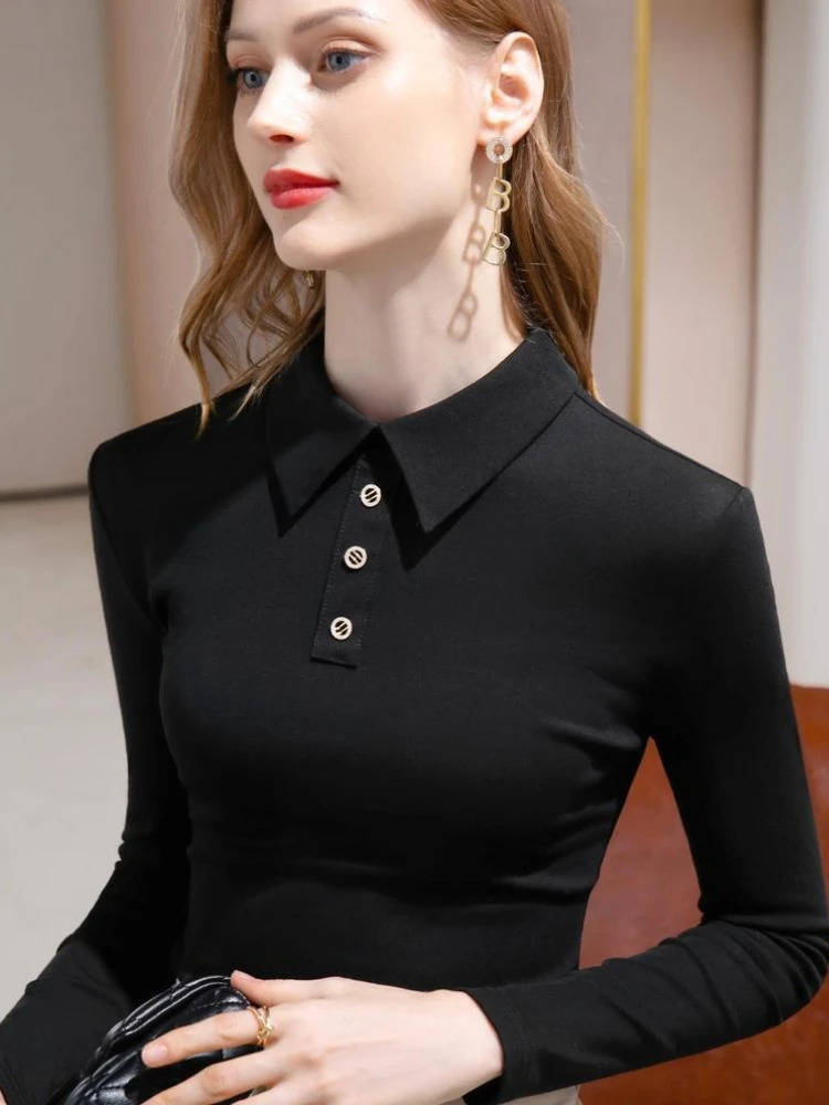 Women Polo Collar Solid Button Long Sleeve T Shirt 2026 Fall Winter Elegant Base Layer 260922