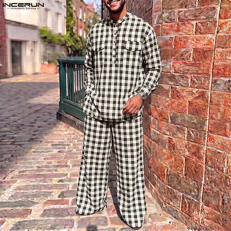 Tracksuits Men's Plaid Men's Sets Stand Collar Long SLeeve Shirt Pants Two Piece Sets Streetwear Loose 2026 Fashion Men Matching Sets J260