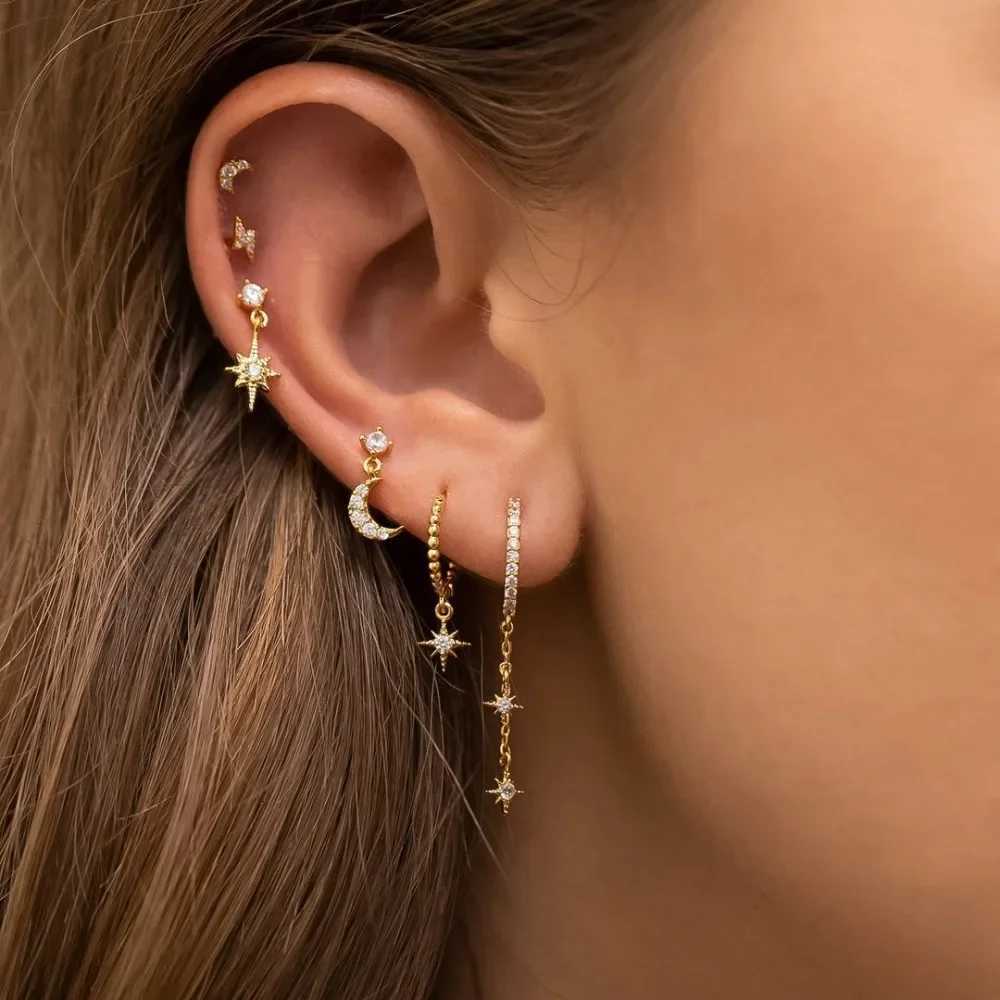 Stud 3pcs Set Personality Gold Color Stainless Steel Moon Star Zircon Stud Earrings for Women Luxury Trendy Dissymmetry Jewelry Set X260921