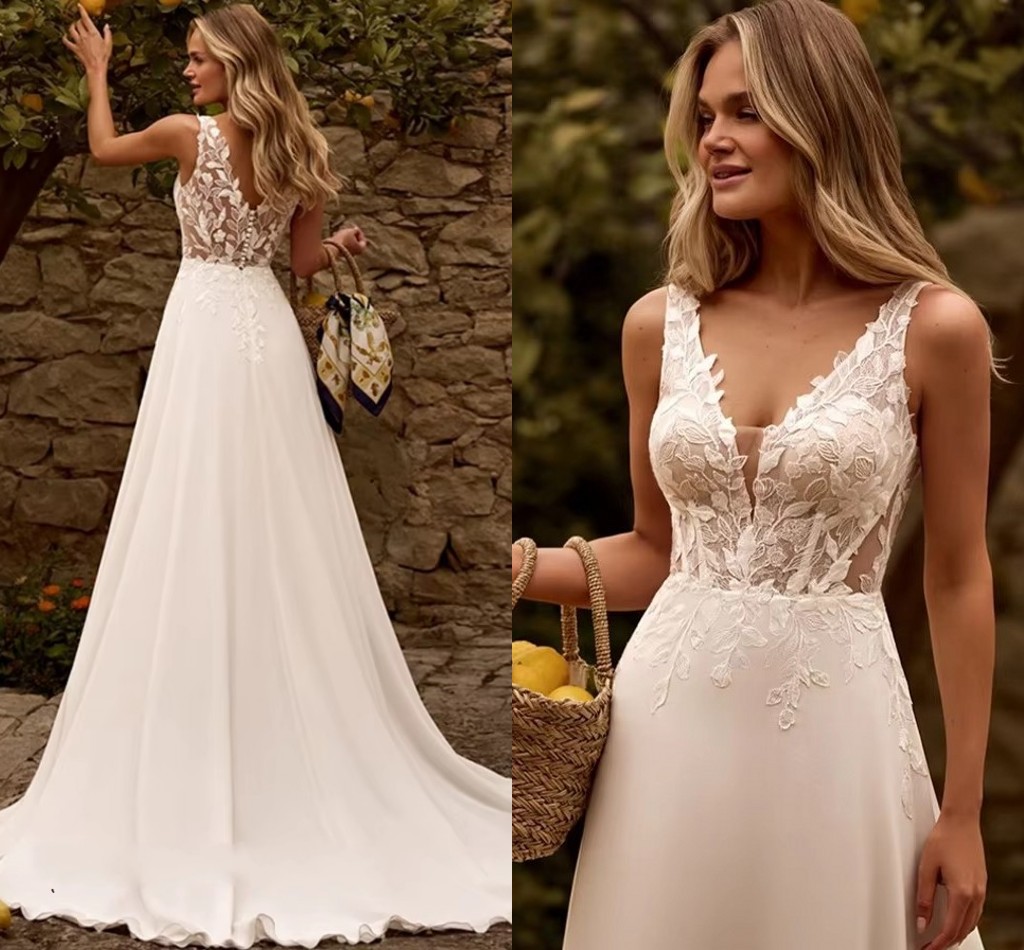 High Quality Wedding Dresses Lace Bride Dress V-neck Simple Buttons Back A-Line Chiffon Boho Bride Gowns Beach Vestido de Novia Robe De Mariage