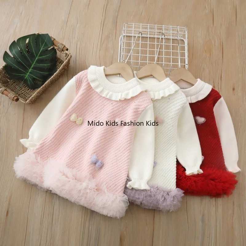 Children's Long-Sleeved Knitted Dress Pullover 2025 Autumn/Winter New Year Collection Bow-Adorned Christmas Dress Girls' One-Piece Dress C