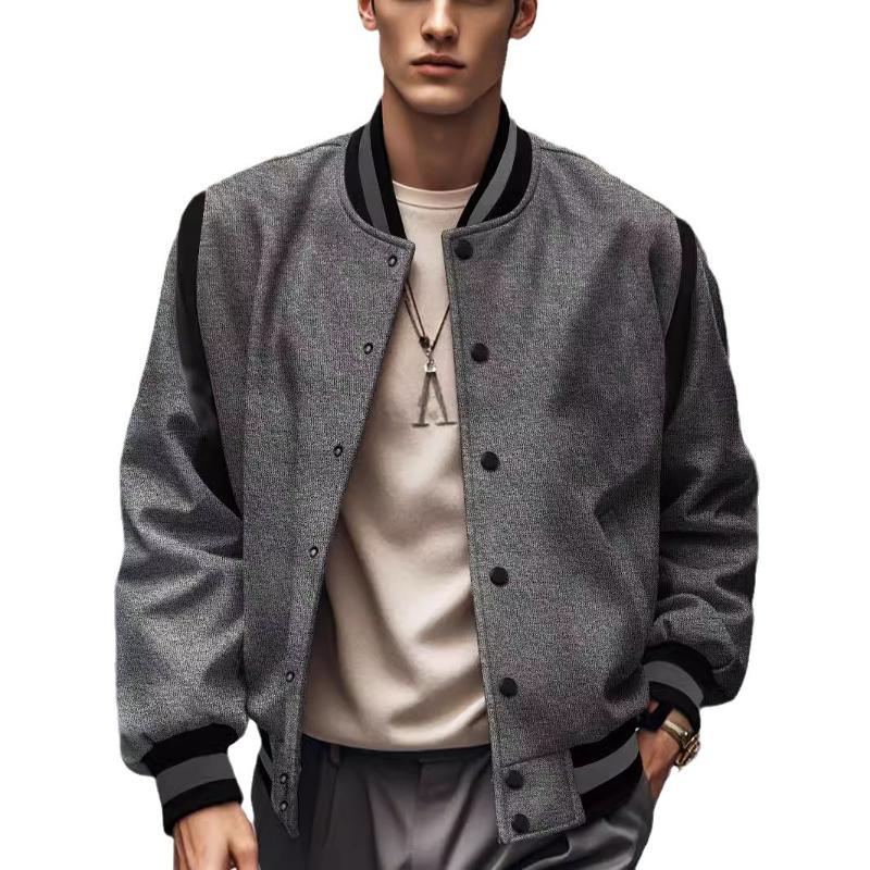 Veste universitaire de baseball classique pour hommes, conception de bloc de couleur, col côtelé, fermeture à boutons, manches longues, streetwea