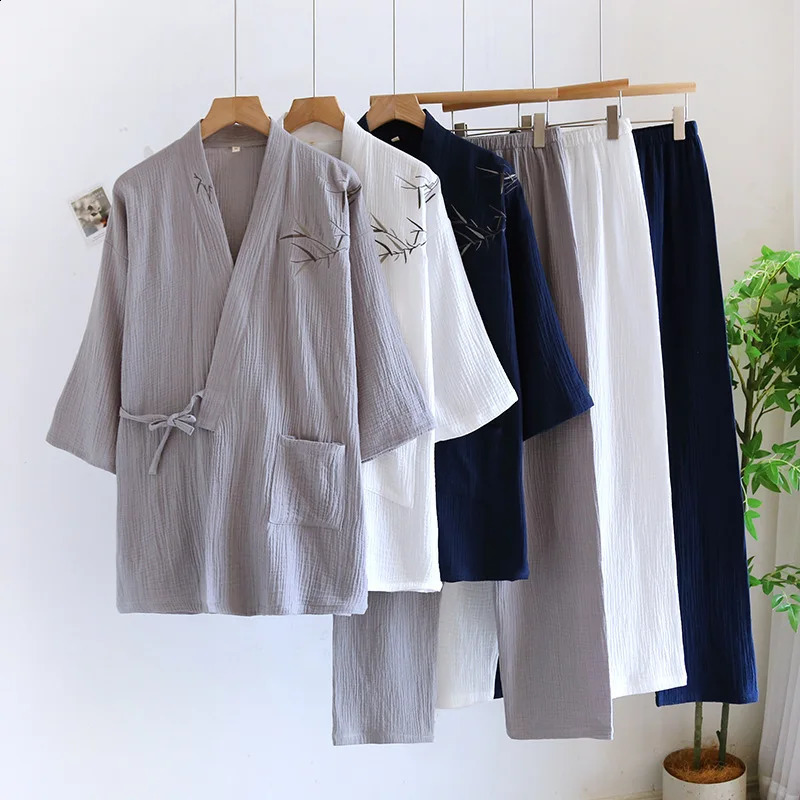 Embroidery Lace Up Kimono Robes with Long Pants 2 Pcs Pajamas Set for Mens Cotton Thin Large Size Pijama Masculino 260921