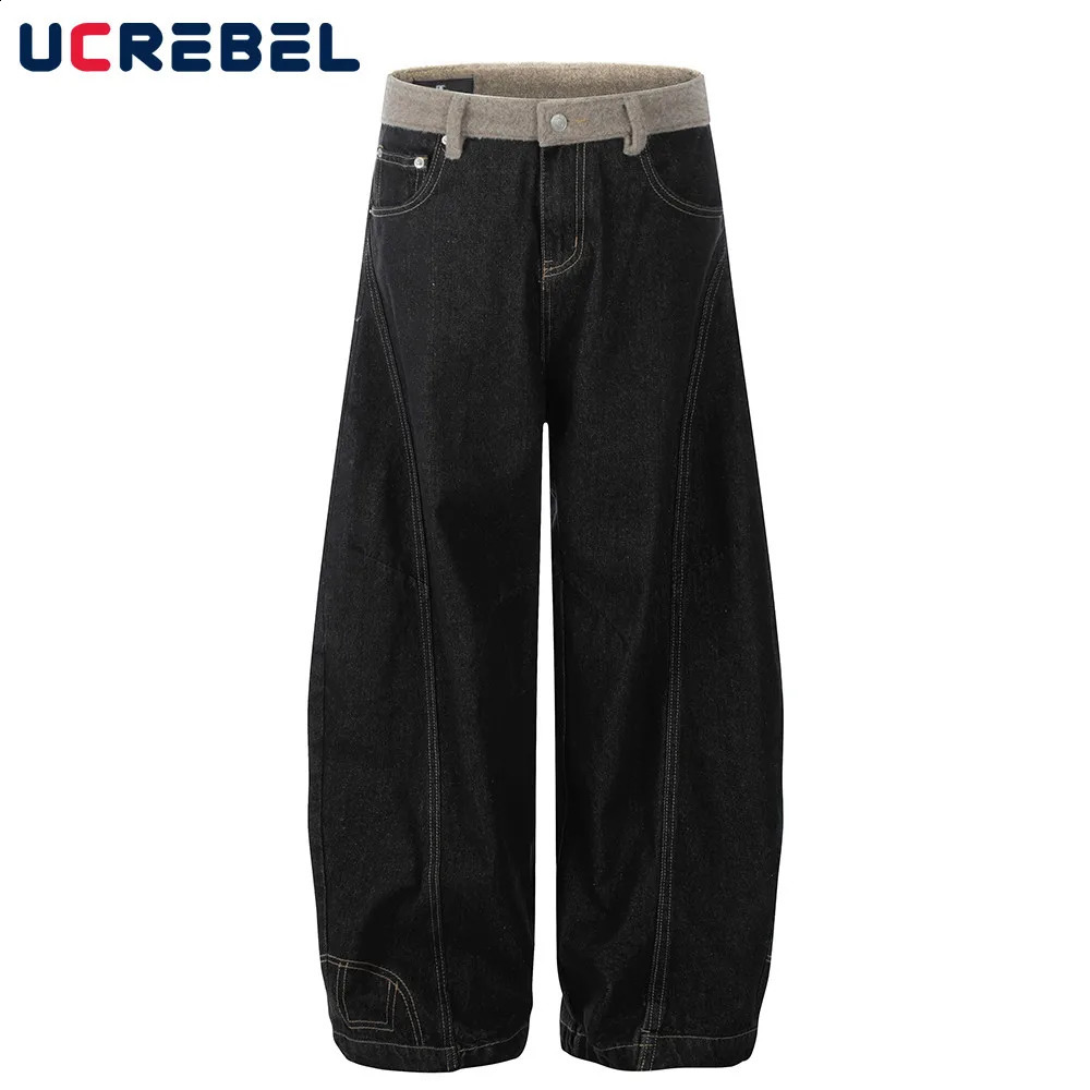 Patchwork Dark Jeans Mens Retro High Street Spring Spliced Loose Wide Leg Denim Pants Men Trousers 260921