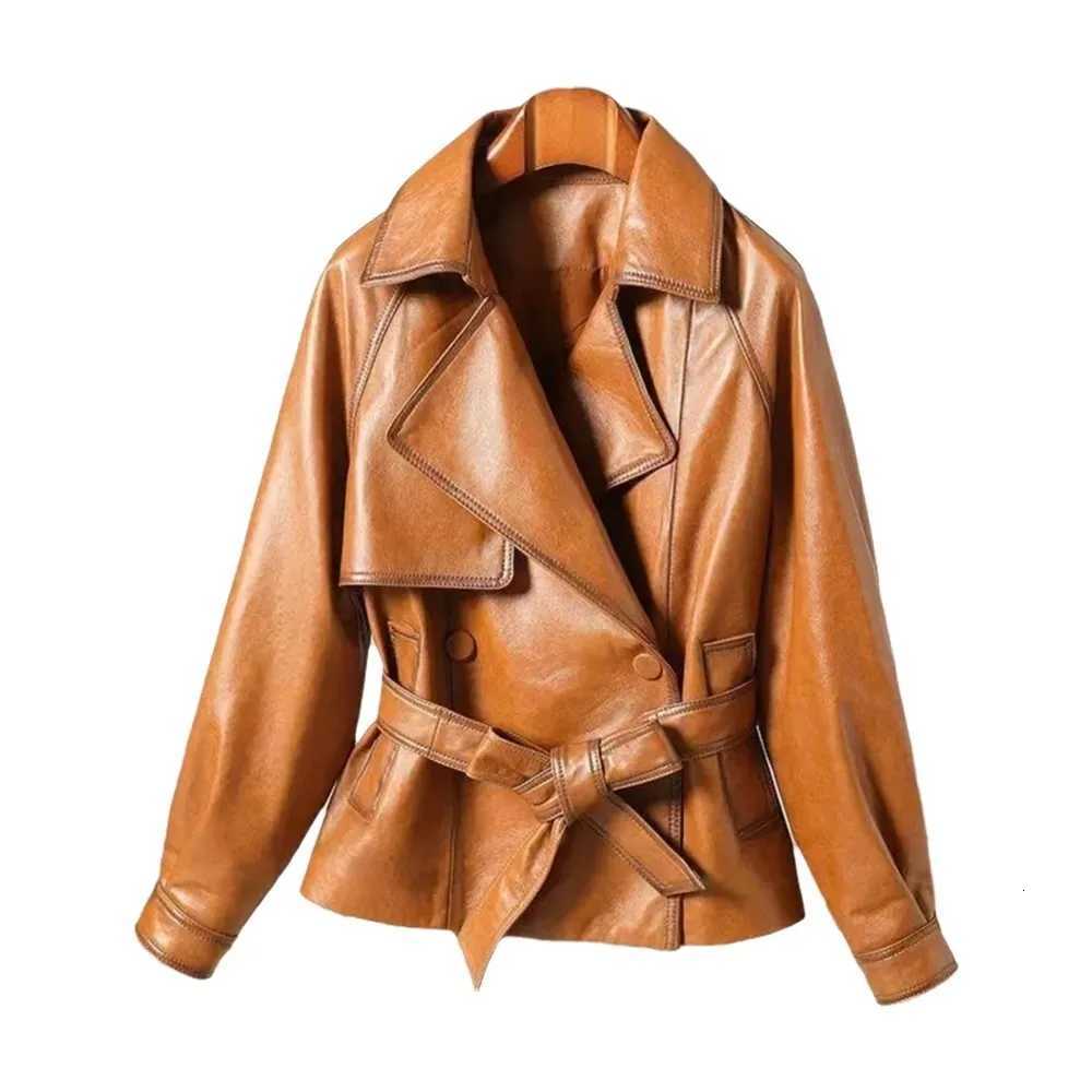 Women's British Style Genuine Leather Jacket 2026 New Casual Lace-up Slim Waist Leather Coats First Layer Sheepskin Short Jacket C260921