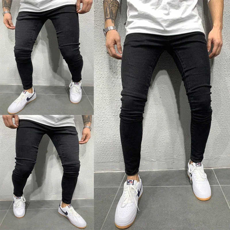 Men Spring Elasticity Pencil Jean Homme Man Soft Stretch Black Biker Masculino Denim Trousers Mens Solid Pants S260922WDHW