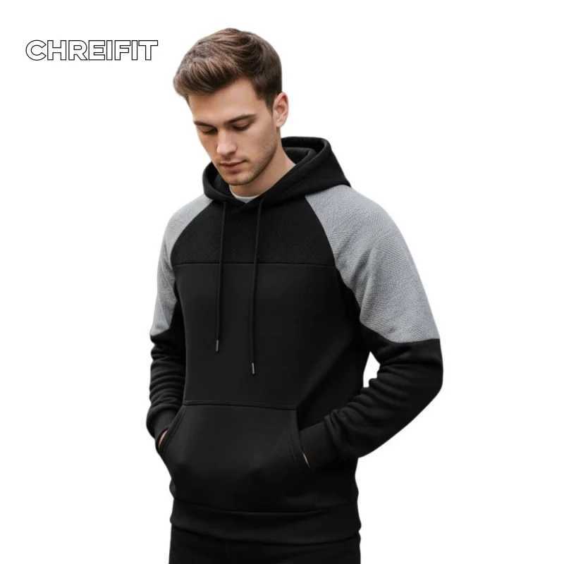 CHREIFIT Men's Hoodie Black Grey Color Block Sweatshirt Oversized Strtwear Casual Pullover for Autumn Winter Fashion S260922RNY5