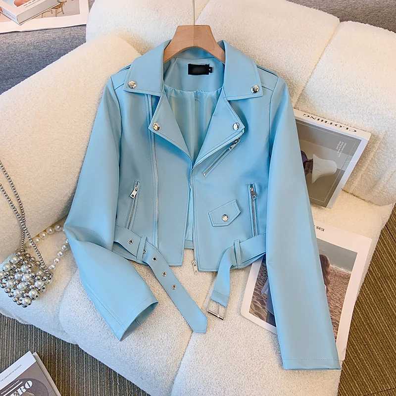 Faux Women's Leather Leather Blue PU leather jacket for women's spring autumn short Street style 2025 new retro motorcycle Leather Coat to