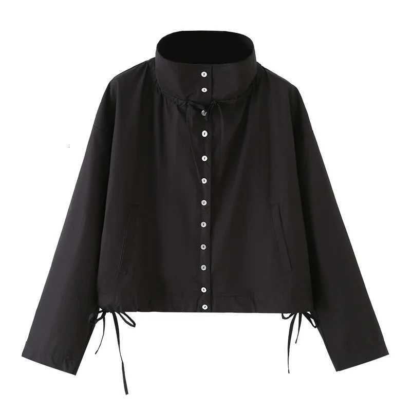 Women's Jackets Guobioziy Women's Jacket 2026 Autumn New Black Long-Sleeve Button Decor Loose Drawstring Jacket Parka Casual Fashion C2609