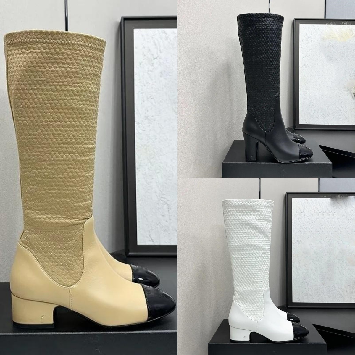 Boots Leather Women Knee High Luxury Designer Low Block Heel Patent Cap Toe Beige Black Fashion Elegant Classic Winter Dress Walking Party Casual Ri