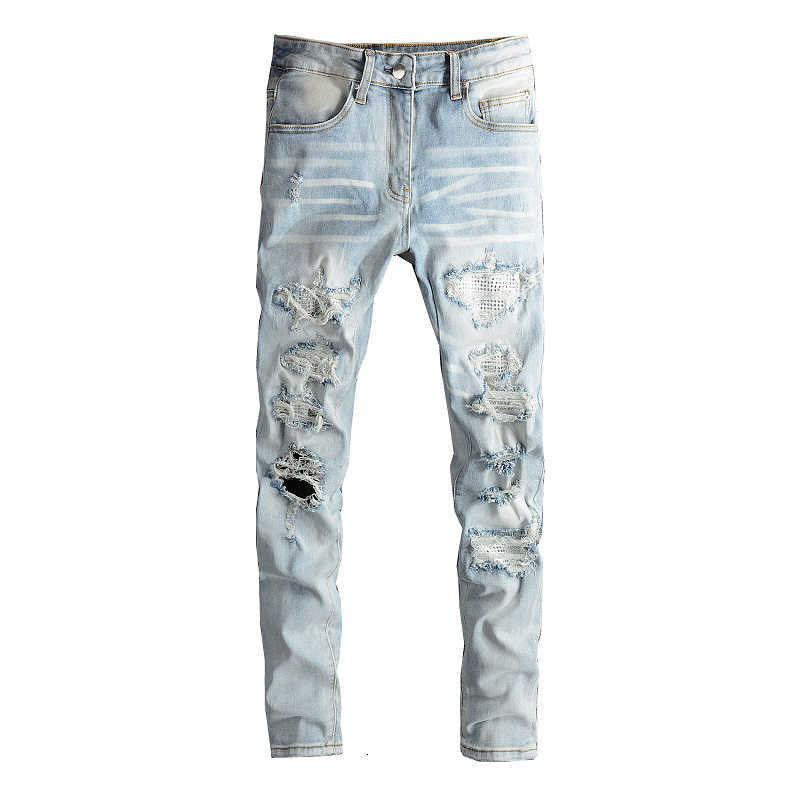 Men Mens Crystal Ripped Patchwork Strtwear Light Blue Denim Skinny Pencil Pants Trousers S26092222P4