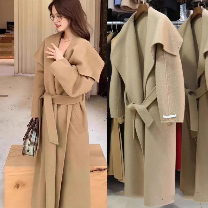 Autumn Winter Women Long Woolen Coat High End Elegant Double-sided Big Lapel Collor Loose Wool Overcoat Belt Jacket 260922