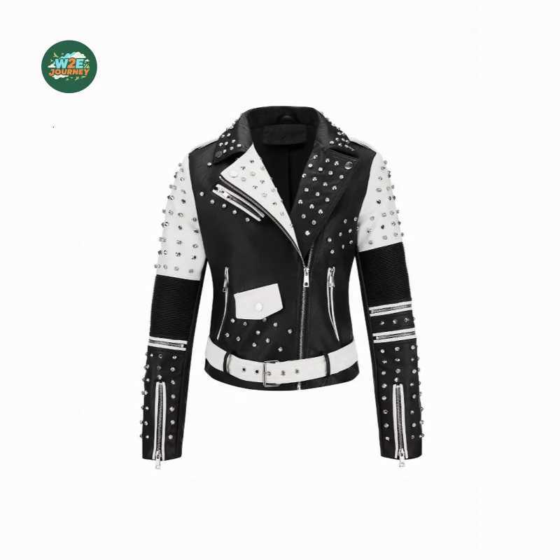 Leather Faux Women's Leather W2EJOURNEY EU US Size Luxury Quality Women PU Leather Jacket Black And White Contrast Rivet Motorcycle Crop Leathe