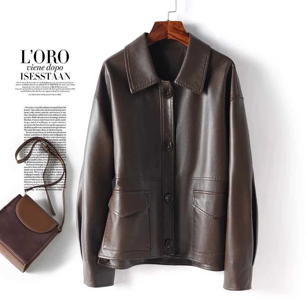 Women Split New Leather Short Coat Spring Autumn Fashion Turn-down Collar Single Breasted Loose Jacket Casual Long Sleeve Jacket C260921