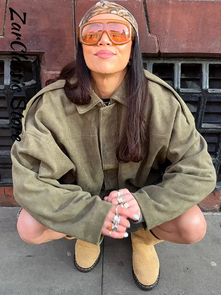 Autumn Women's Green Suede Short Jacket Loose Lapel Zipper Long Sleeve Bomber Coat Female Lady High Street Outwears 260921