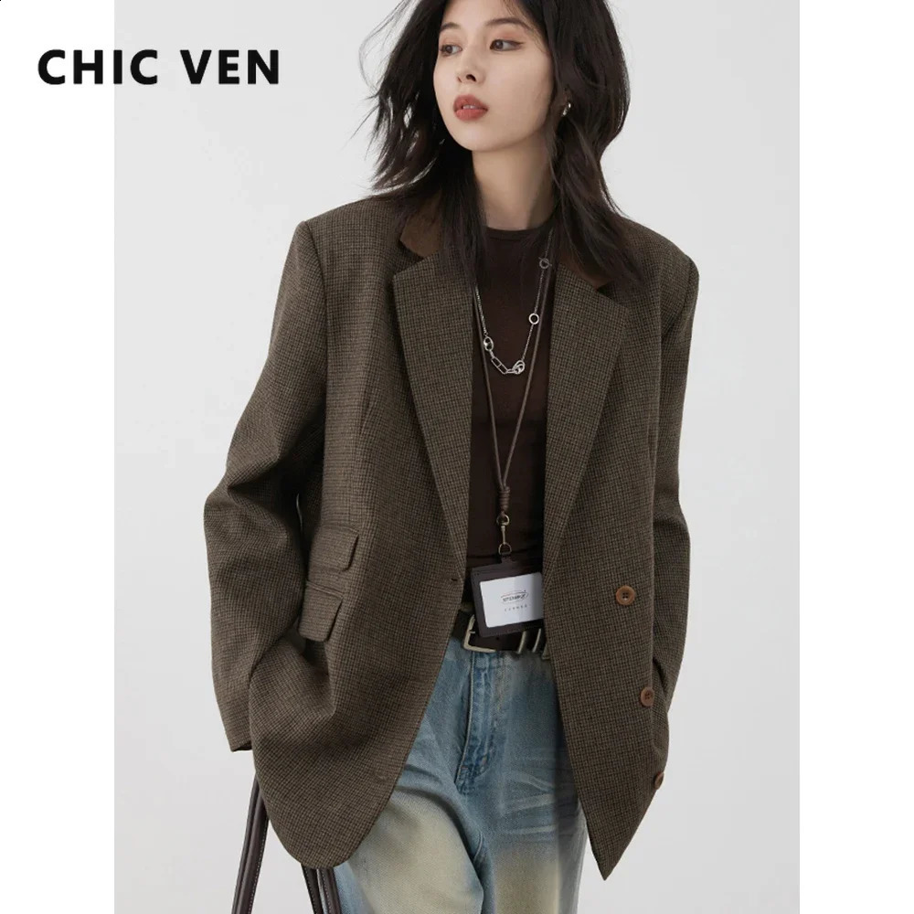 CHIC VEN Womens Woolen Blazer Loose Retro Single Breasted Female Jacket Mid Length Plaid Coat for Woman Autumn Winter 260922