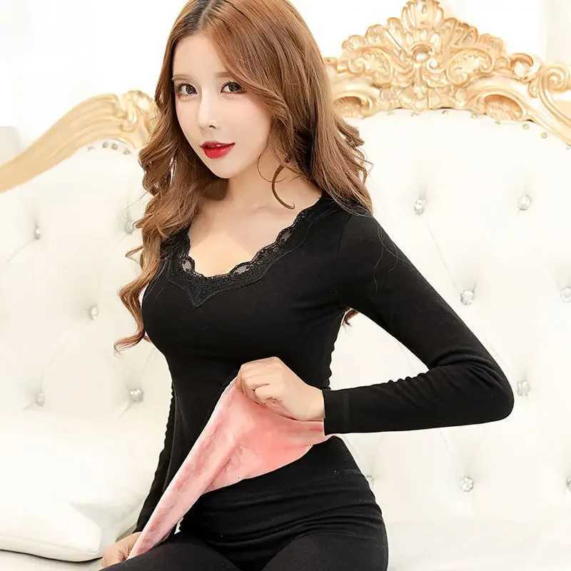 Thermal Underwear Women's Ladies lace V-neck thermal underwear women thickened plus velvet winter cold-proof body bottoming shirt Long sleeve c