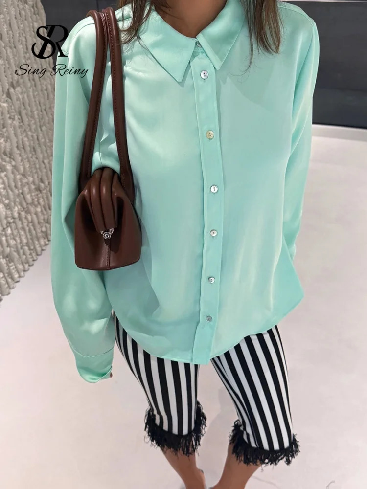 SINGREINY Lapel Long SLeeves Satin Basics Shirts Women 2026 Single Breasted Shell Button Autumn Loose Office Lady Casual Blouse 260922