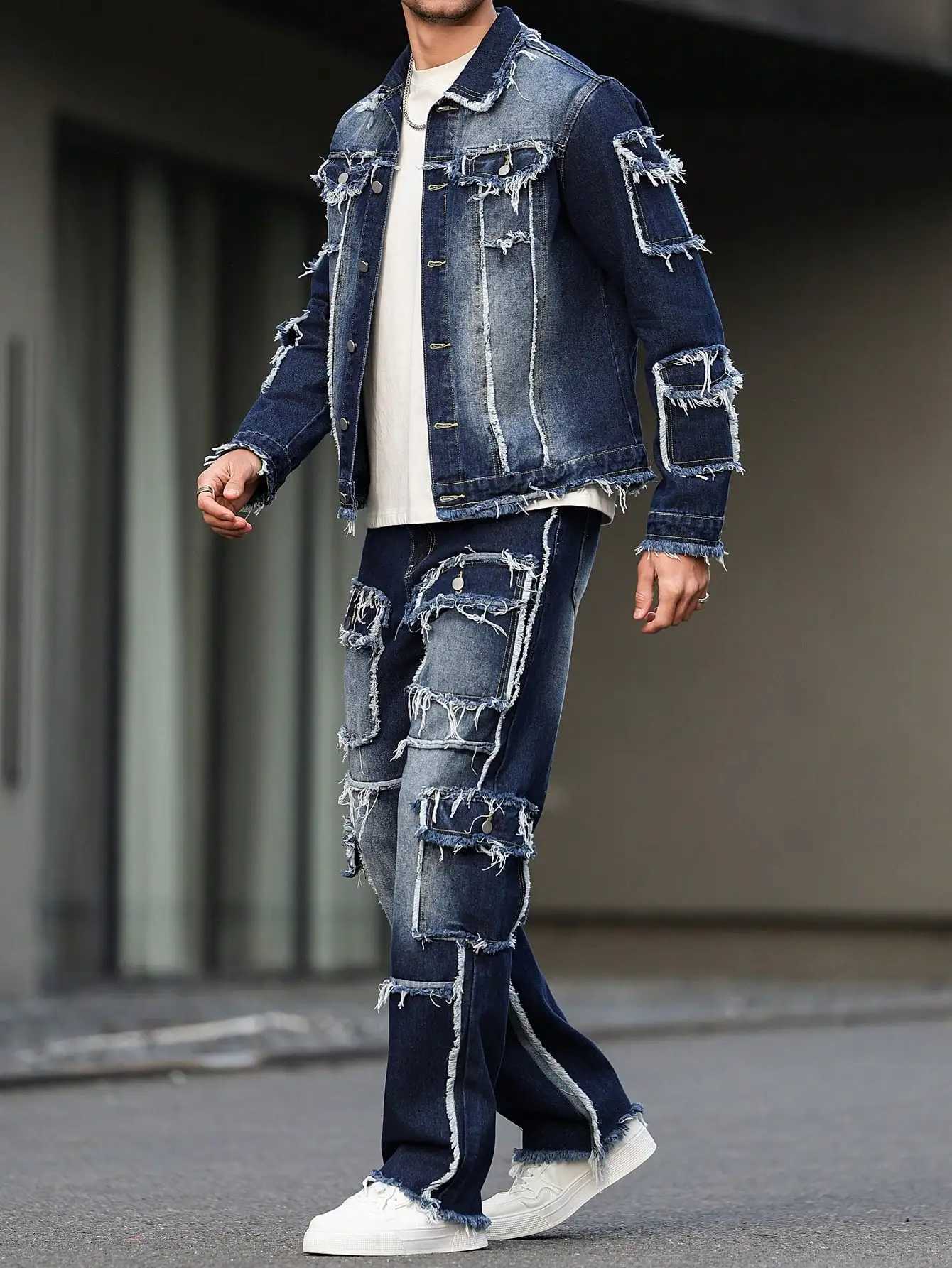 spring Men's Tracksuits Men's and autumn denim suit multi - pocket design wide straight - leg pants style J260921