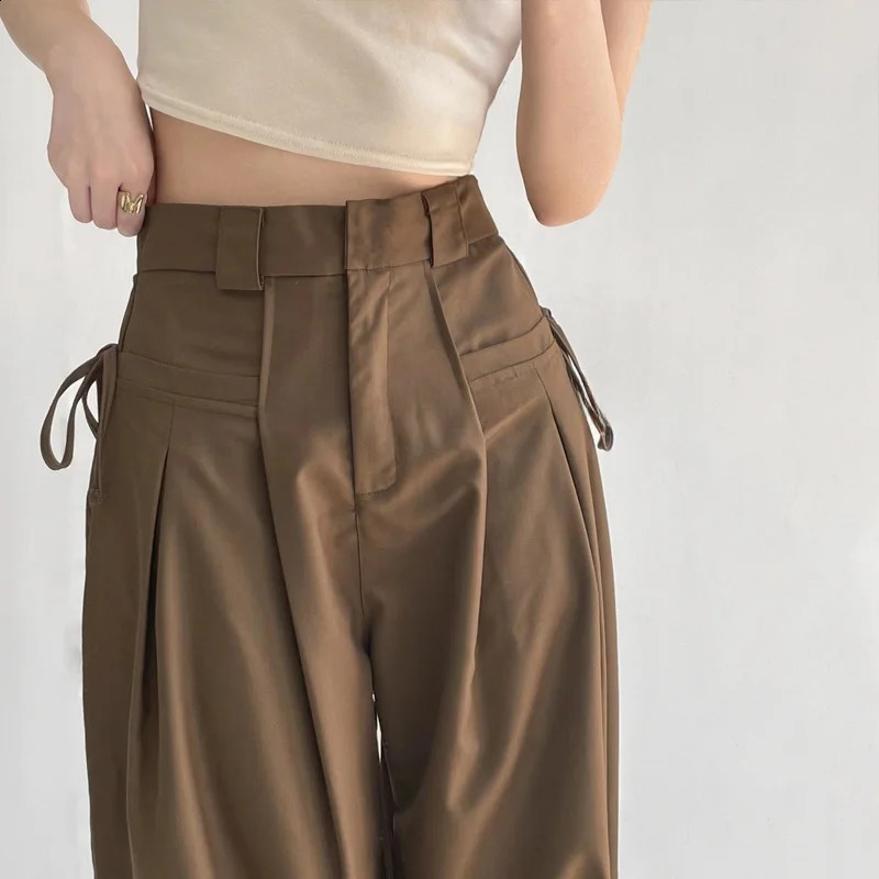 Brown Wide Leg Casual Pants Women's Thin American Retro Summer Workwear Trousers Khaki Short Size High Waist Long Pants 260921