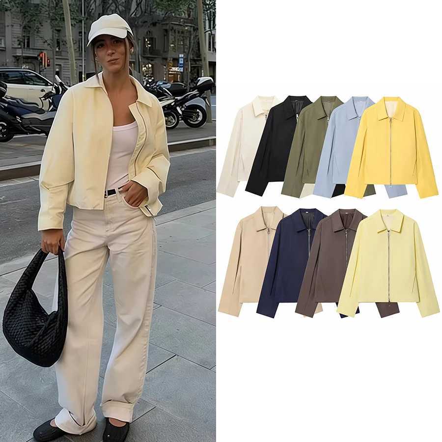 Women's Jackets Women Casual Solid Zipper Coat Women Street Lapel Pockets Long Sleeve Simple Pleated Female Outwear Fashion Bomber Jacket C2609