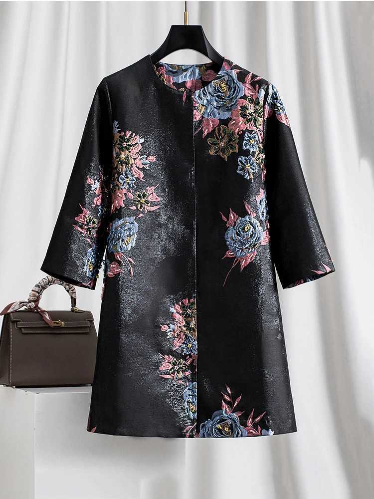 Women's Jackets Women's Black Jacquard Heavy Beaded 3/4 Sleeve Round Neck Oversized Midi Trench Coat Outerwear Autumn Winter Casual Vintag
